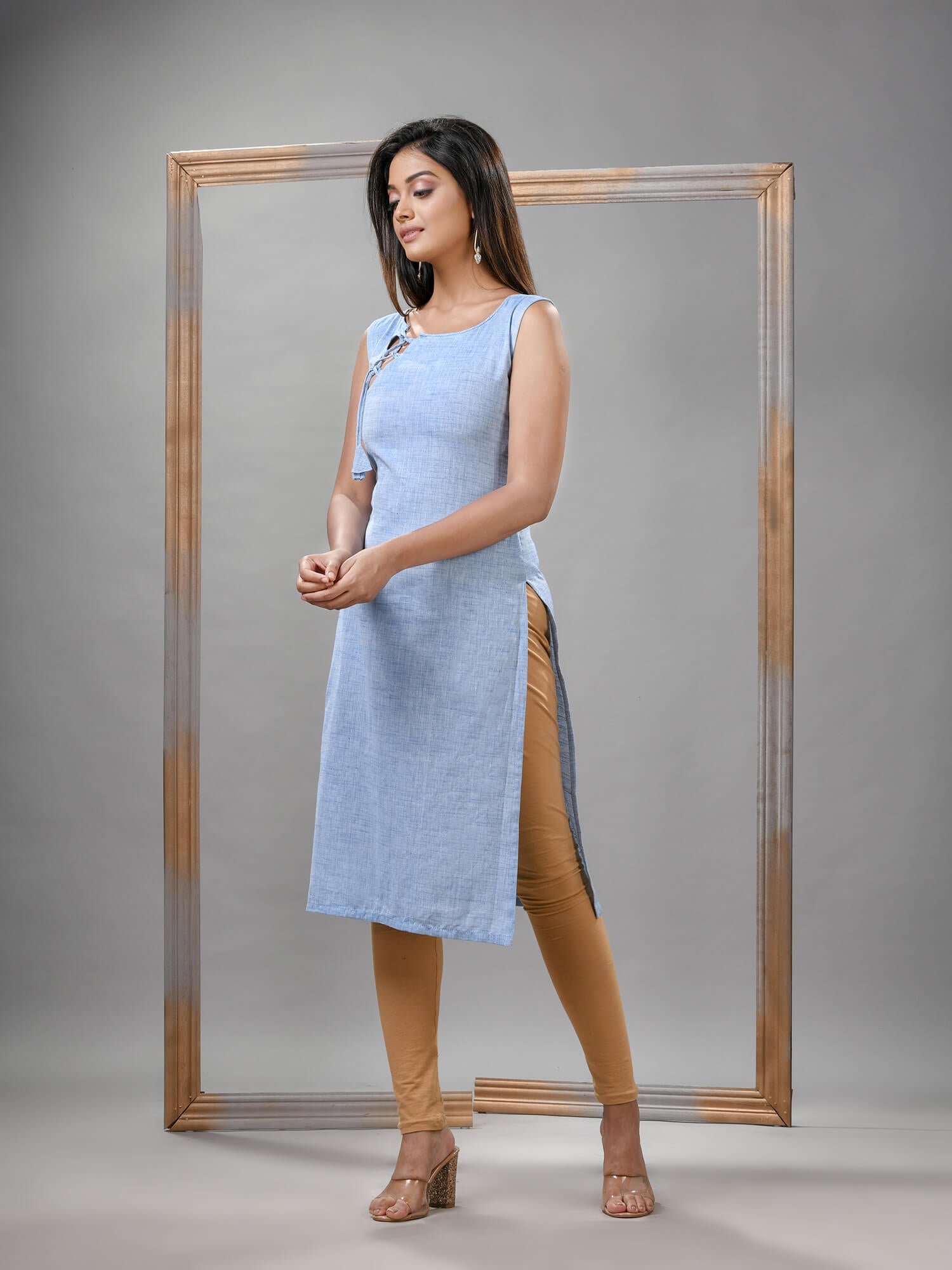 Cadet Blue Cotton Bengal Handwoven Kurti
