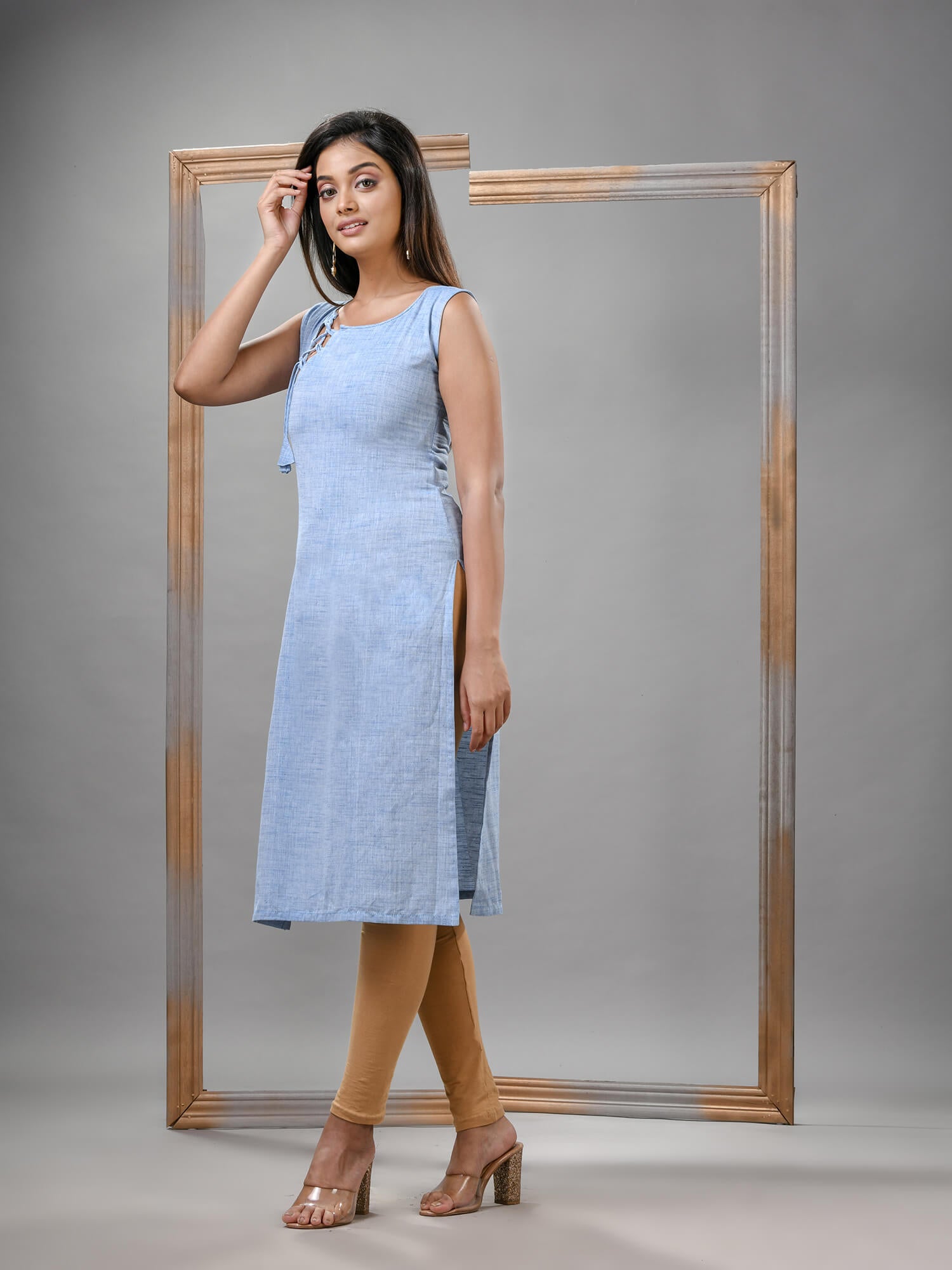 Cadet Blue Cotton Bengal Handwoven Kurti