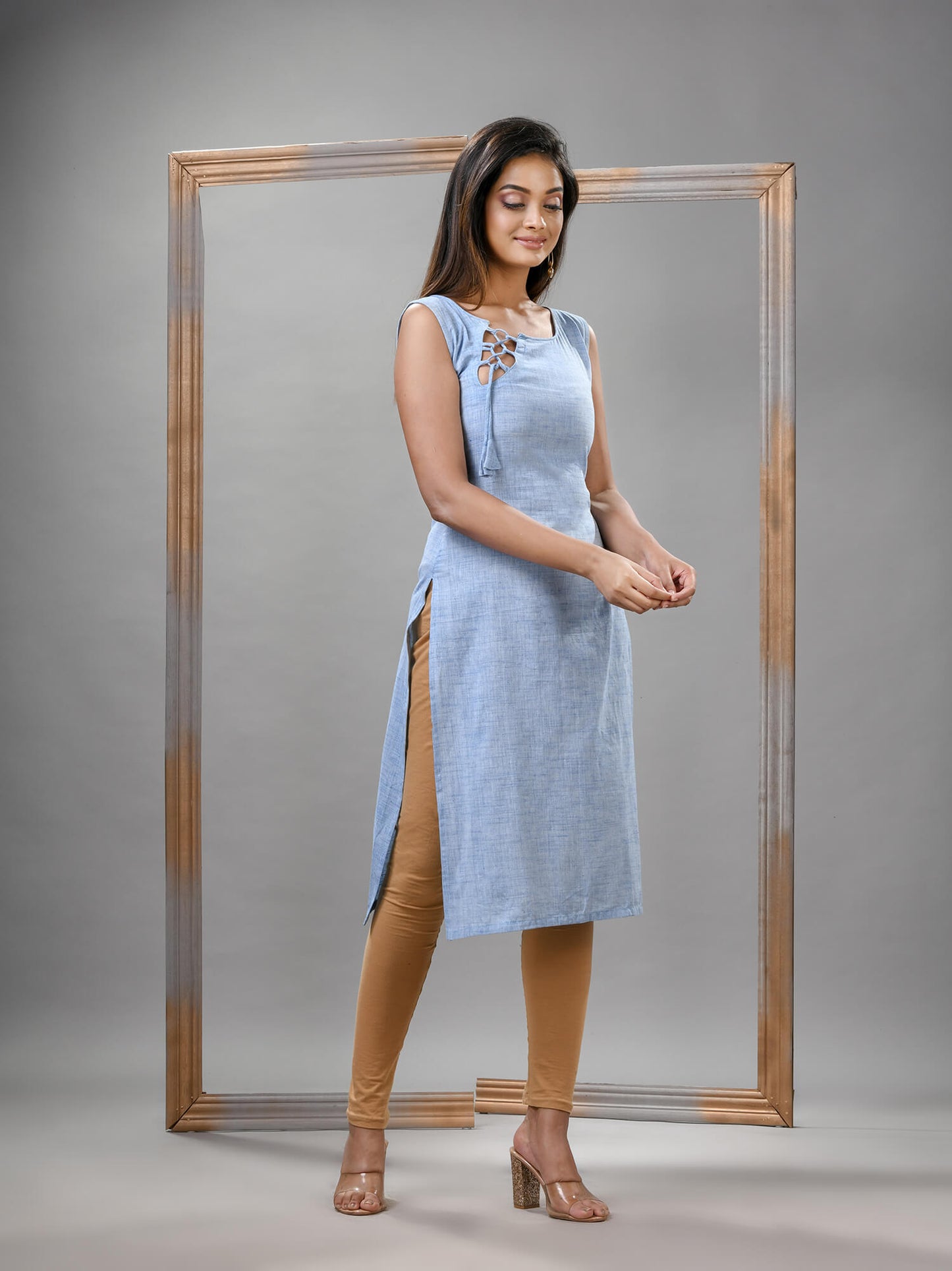 Cadet Blue Cotton Bengal Handwoven Kurti