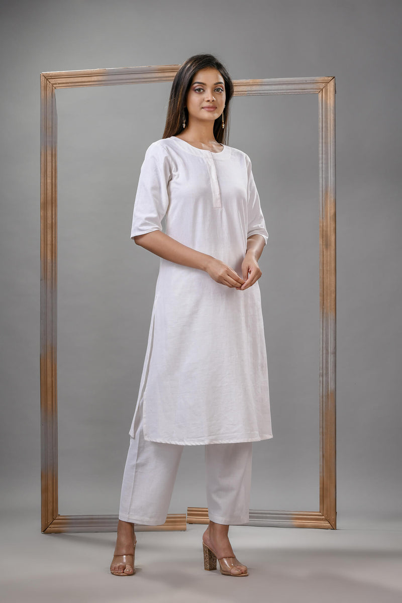 White Cotton Bengal Handwoven Kurta Set