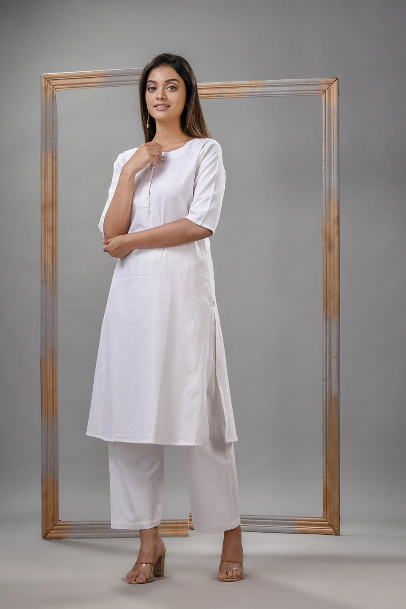 White Cotton Bengal Handwoven Kurta Set