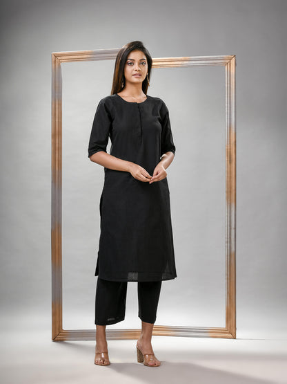 Black Cotton Bengal Handwoven Kurta Set