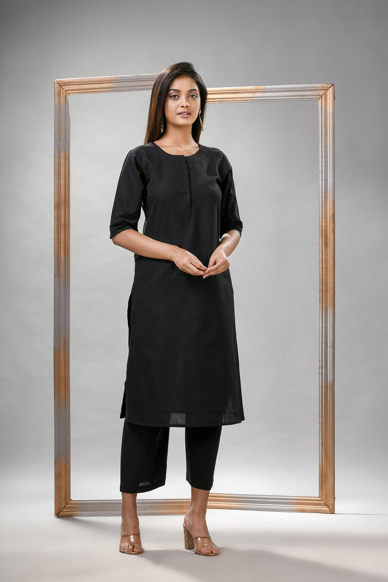 Black Cotton Bengal Handwoven Kurta Set