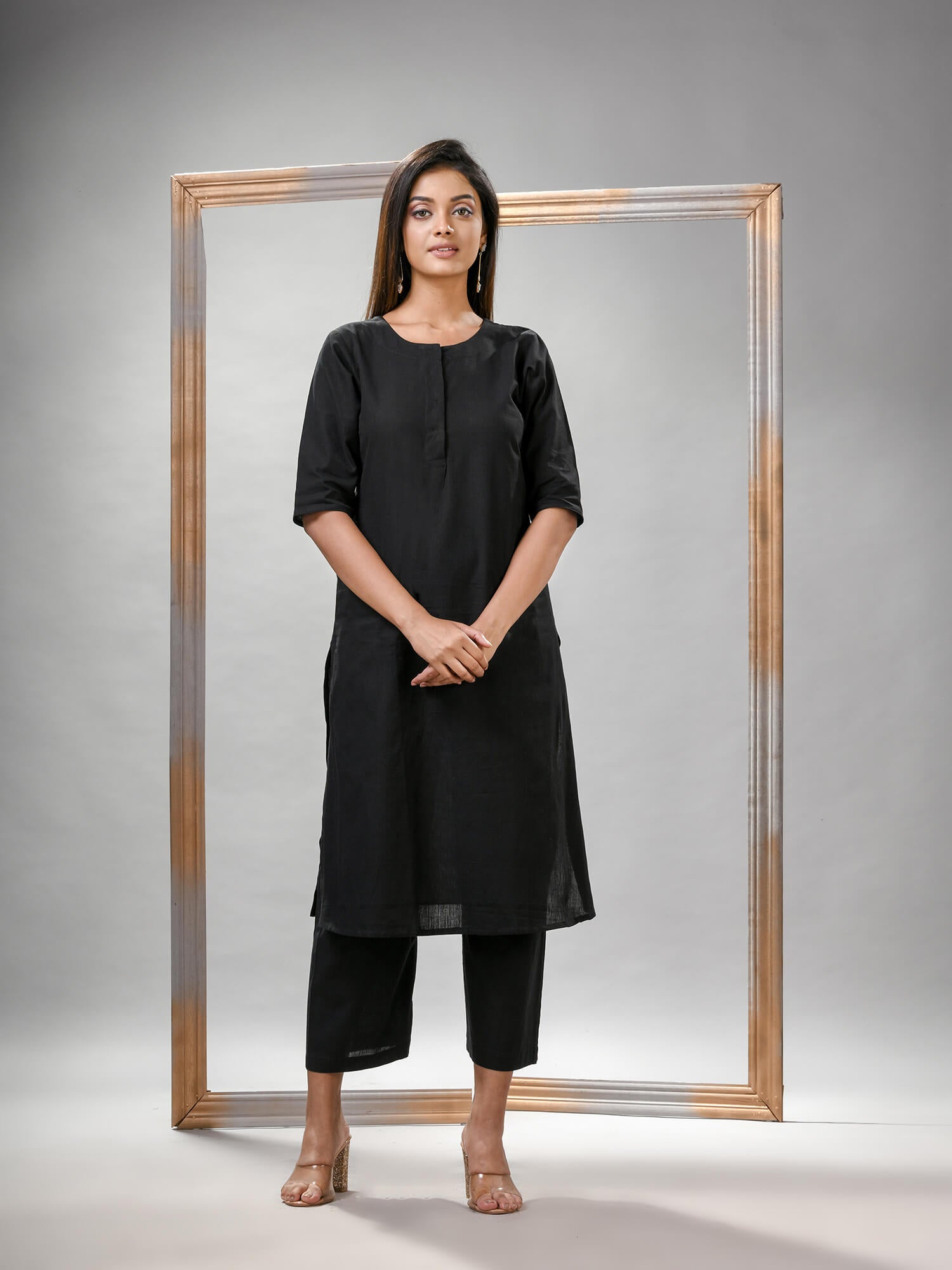 Black Cotton Bengal Handwoven Kurta Set