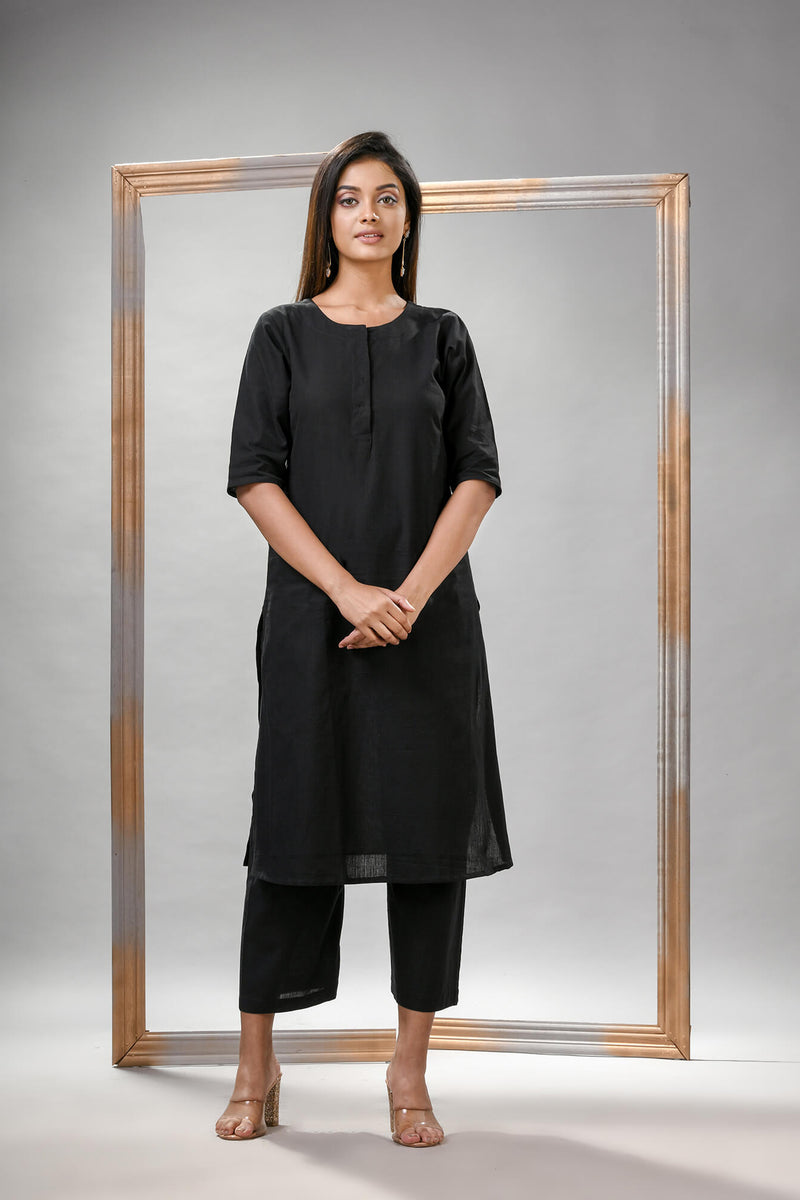 Black Cotton Bengal Handwoven Kurta Set