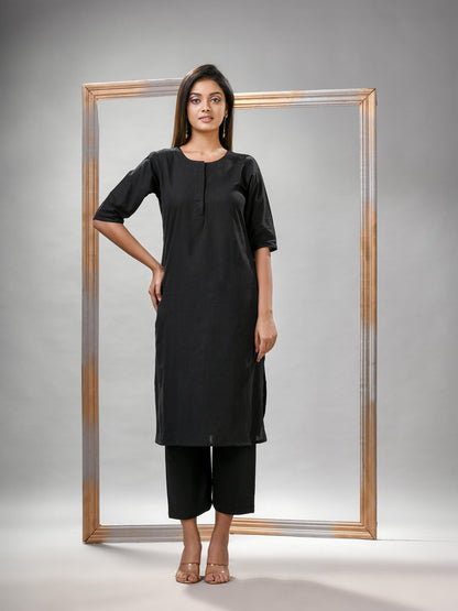 Black Cotton Bengal Handwoven Kurta Set