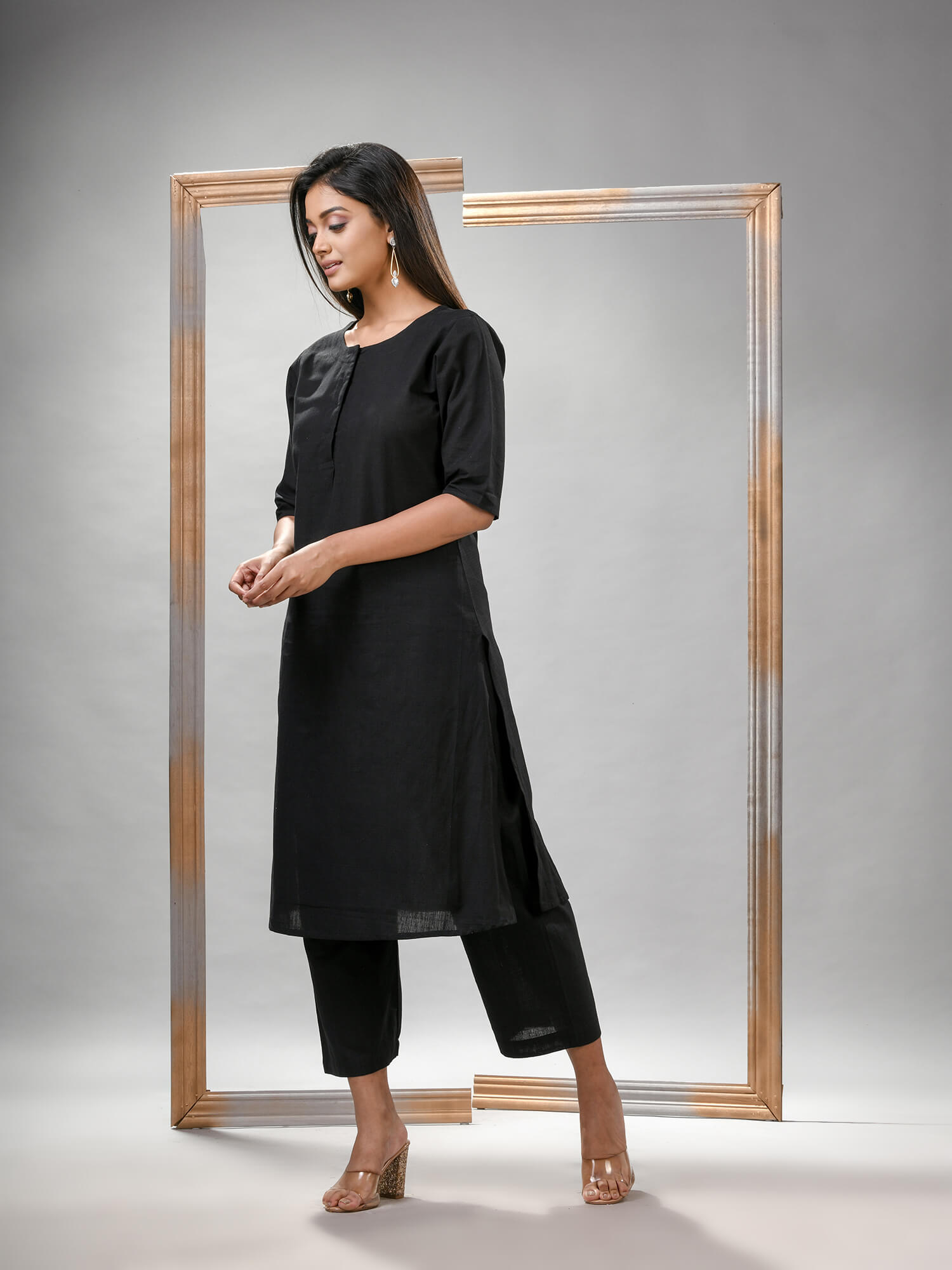 Black Cotton Bengal Handwoven Kurta Set