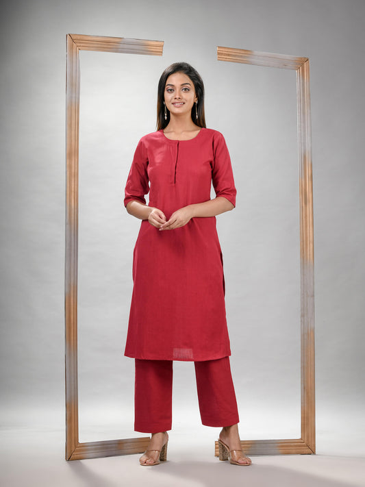 Red Cotton Bengal Handwoven Kurta Set