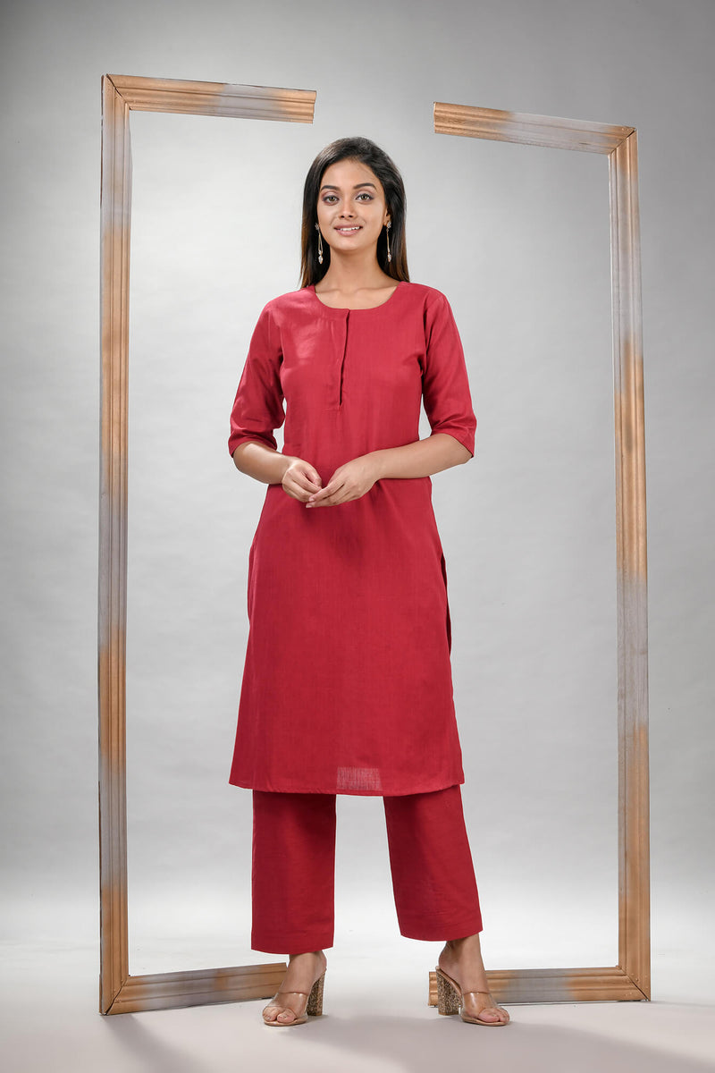 Red Cotton Bengal Handwoven Kurta Set