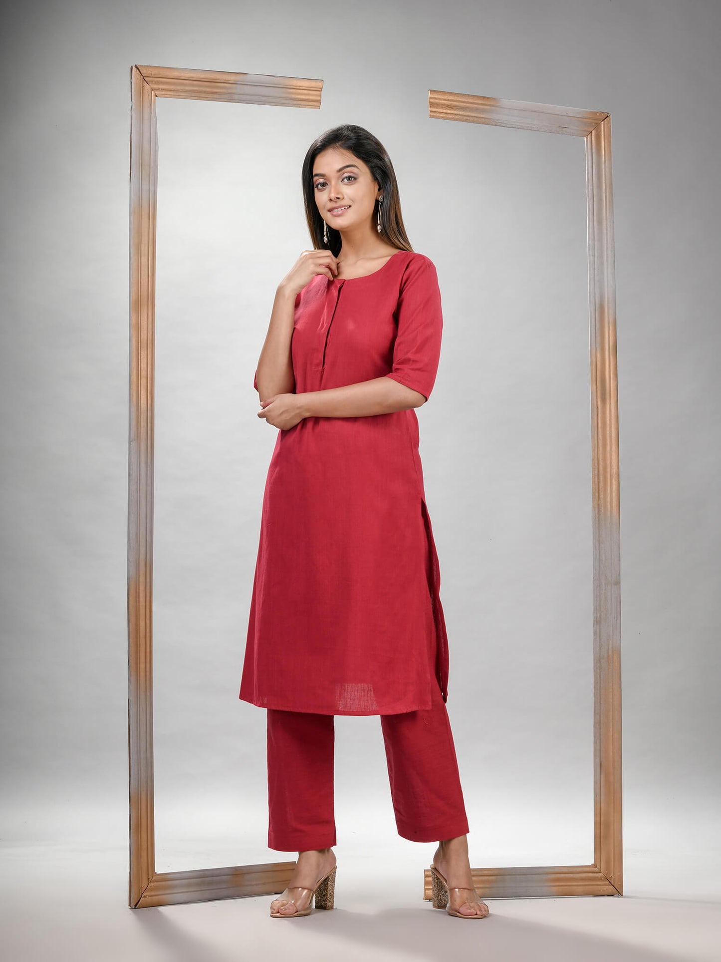 Red Cotton Bengal Handwoven Kurta Set