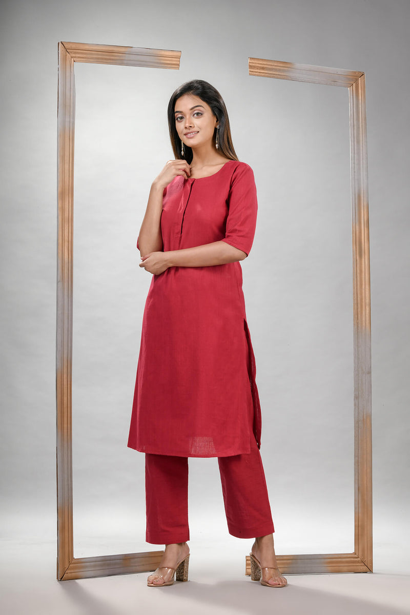 Red Cotton Bengal Handwoven Kurta Set