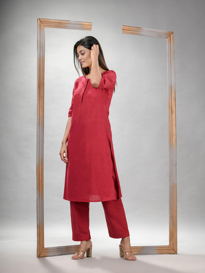 Red Cotton Bengal Handwoven Kurta Set