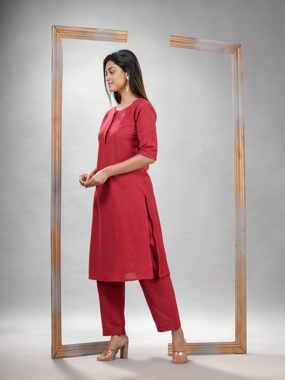 Red Cotton Bengal Handwoven Kurta Set