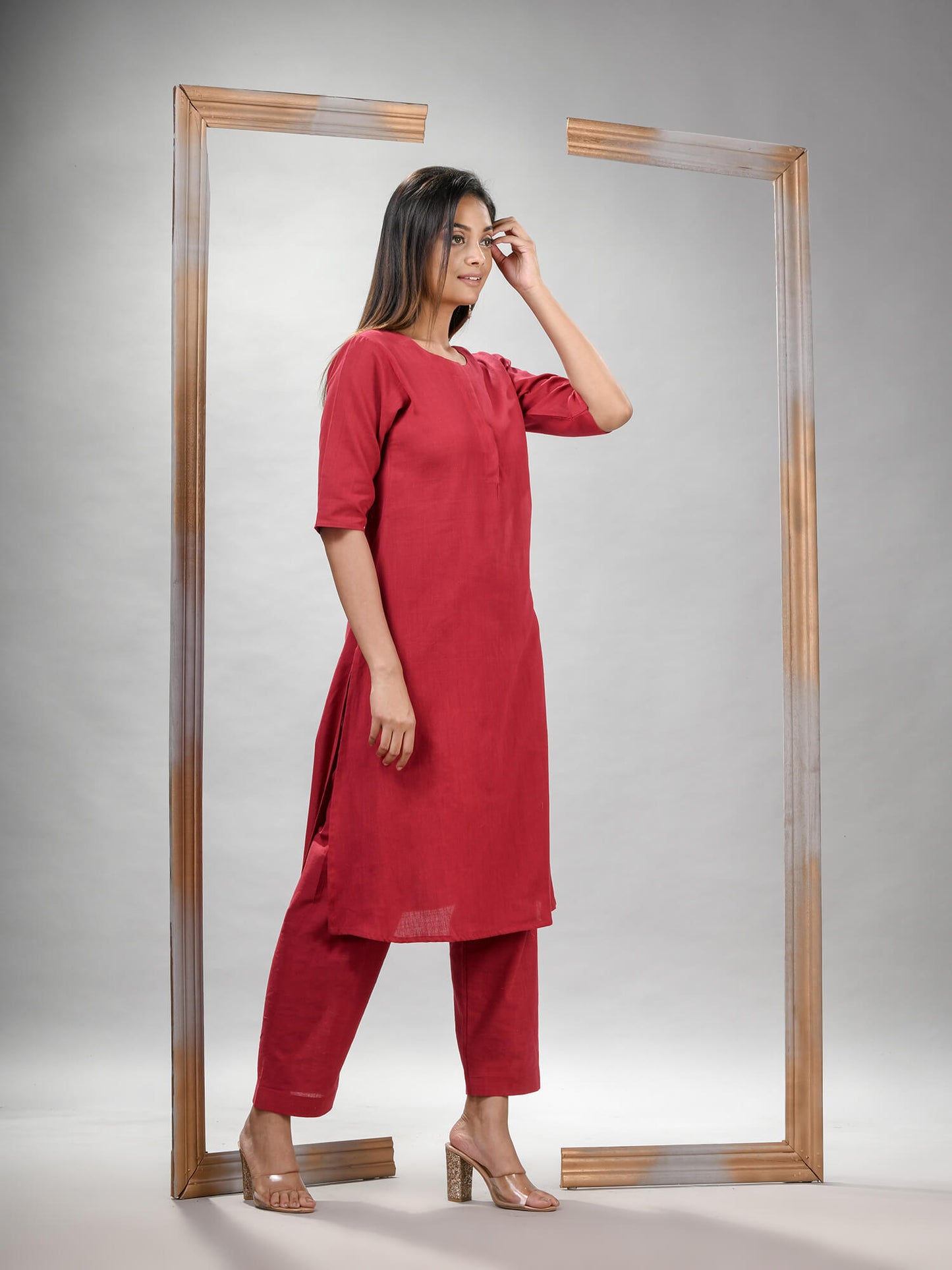 Red Cotton Bengal Handwoven Kurta Set