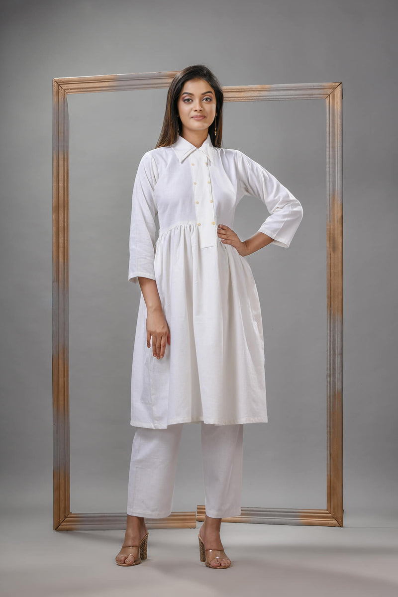 White Cotton Bengal Handwoven Kurta Set