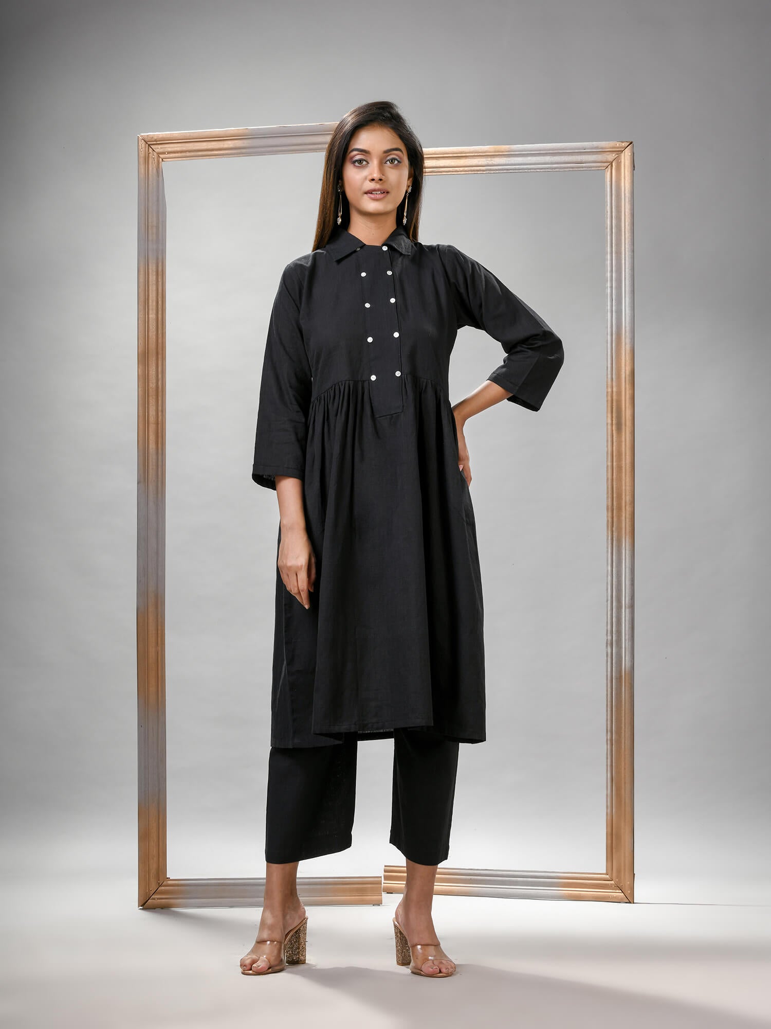 Black Cotton Bengal Handwoven Kurta Set
