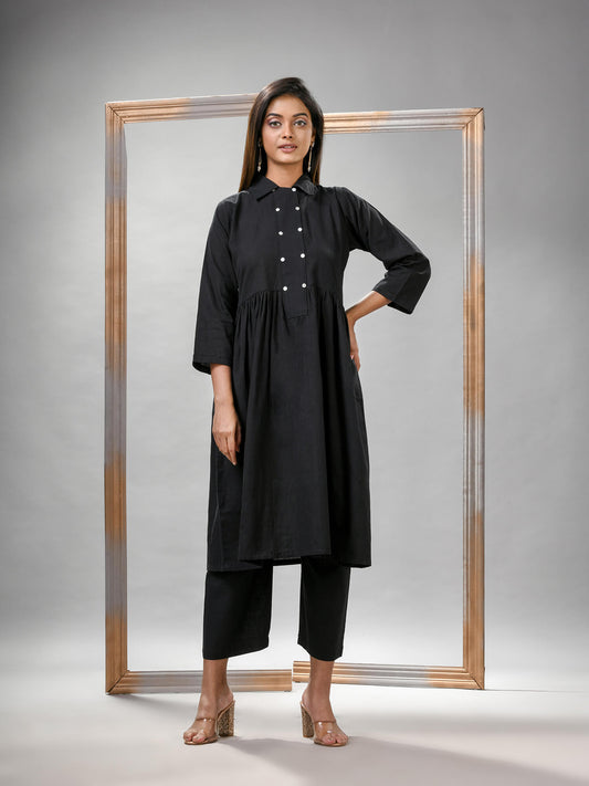 Black Cotton Bengal Handwoven Kurta Set