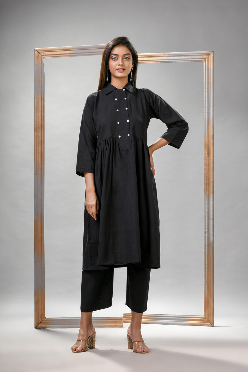 Black Cotton Bengal Handwoven Kurta Set