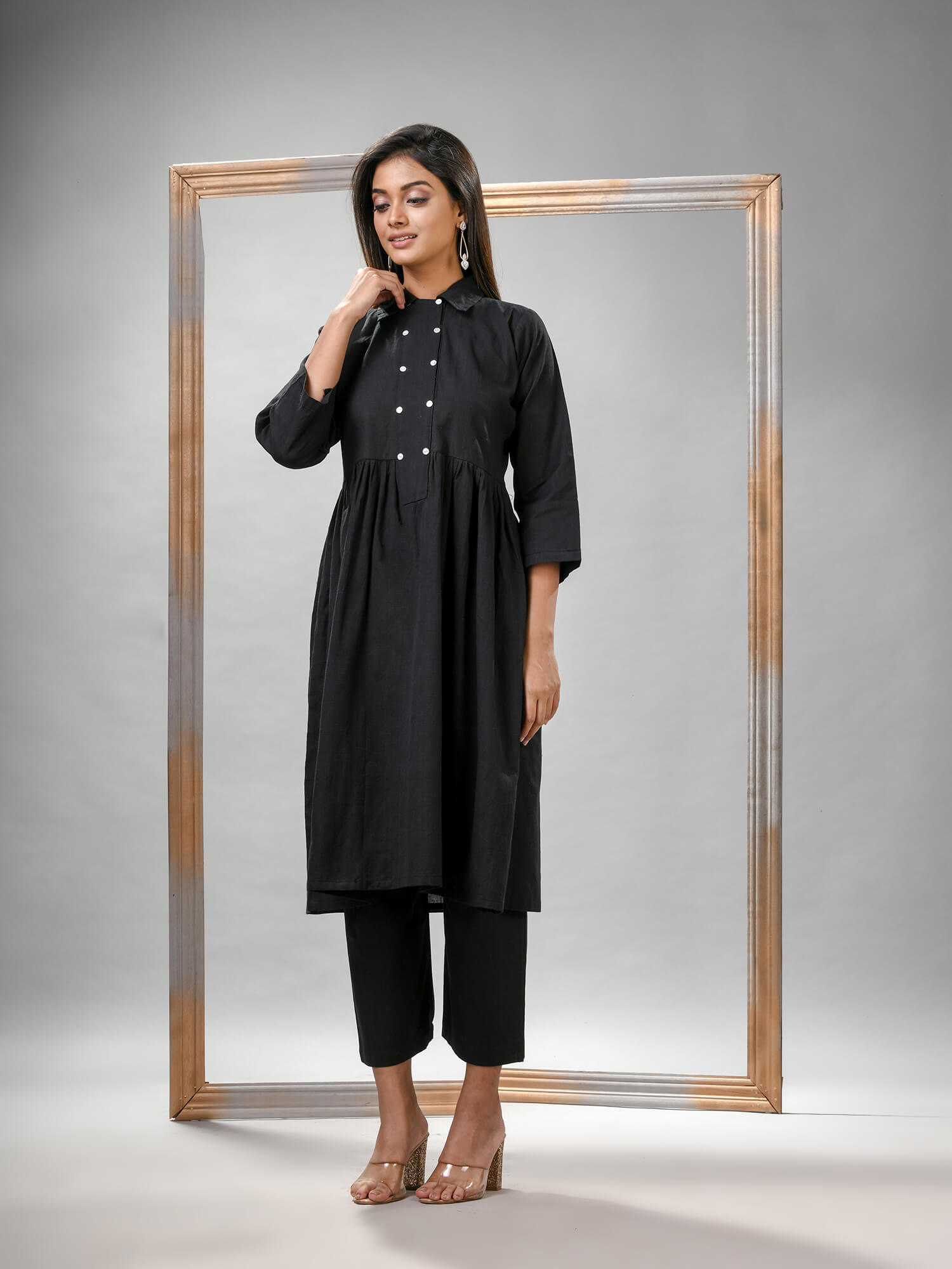 Black Cotton Bengal Handwoven Kurta Set