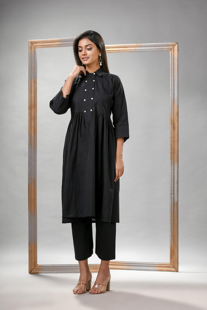 Black Cotton Bengal Handwoven Kurta Set