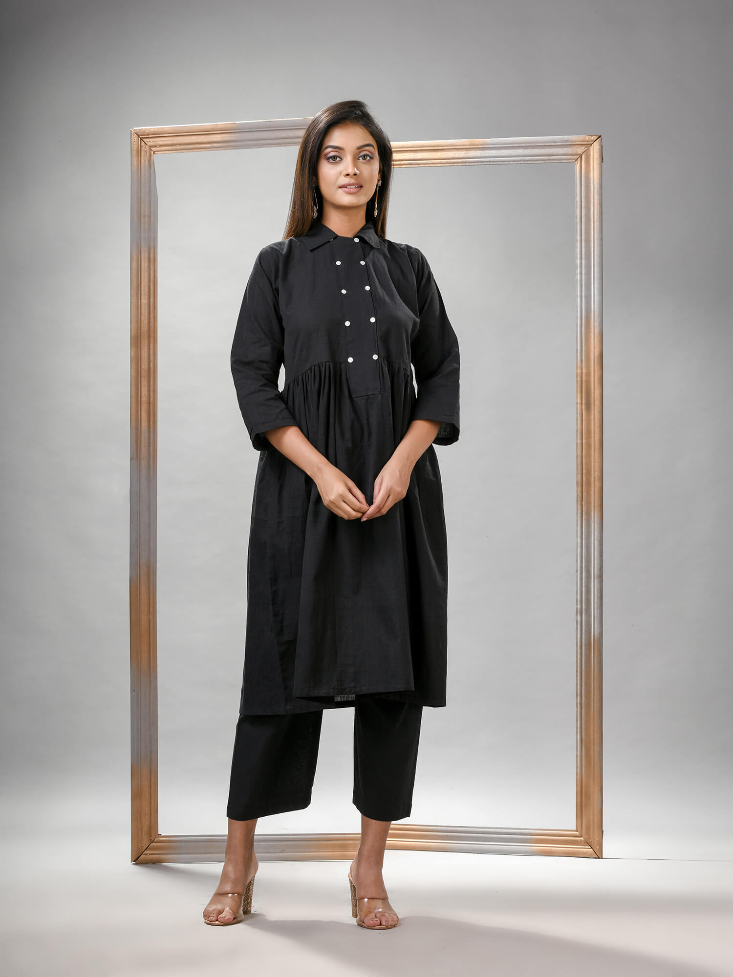 Black Cotton Bengal Handwoven Kurta Set