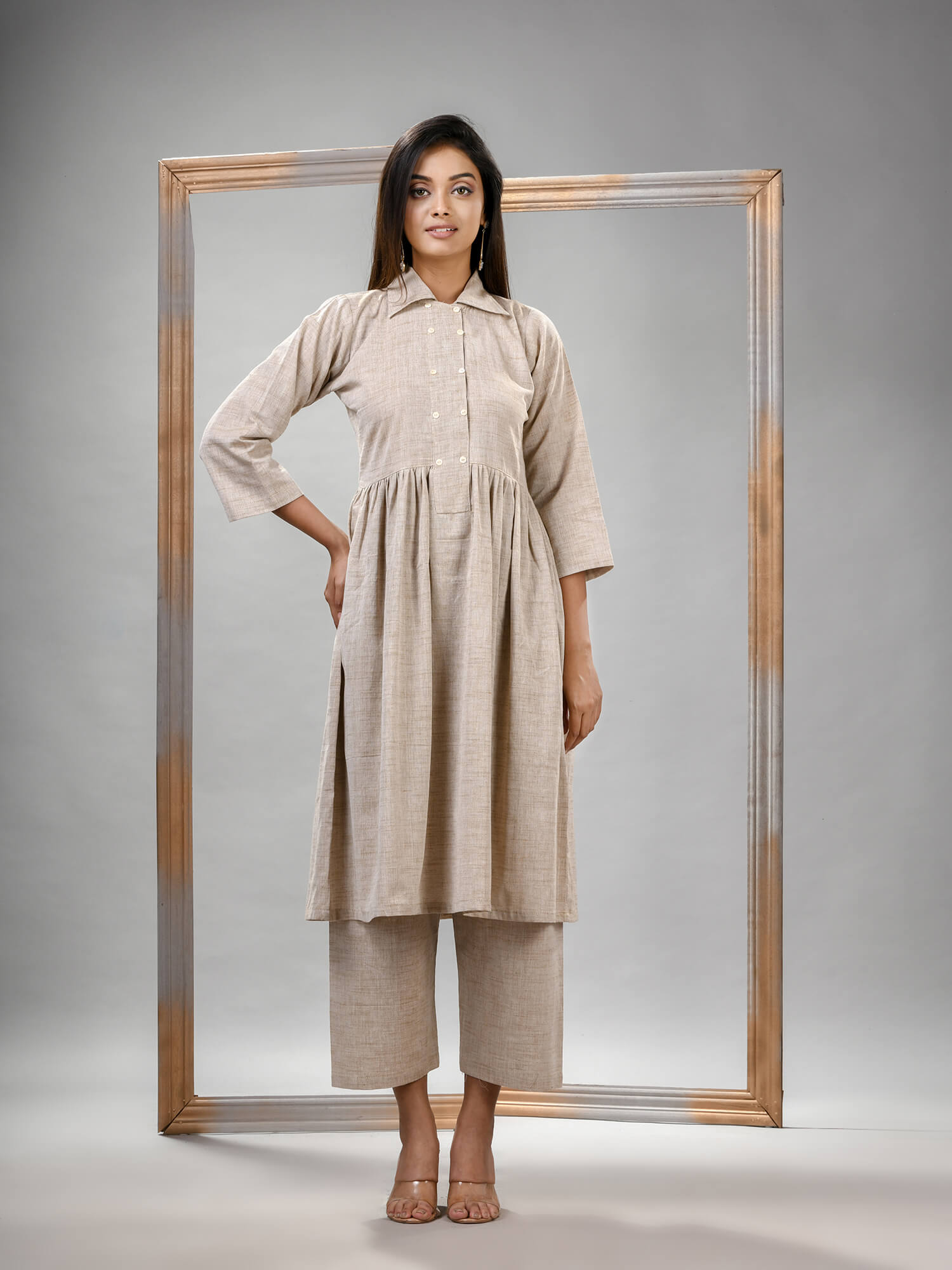 Silk Grey Cotton Bengal Handwoven Kurta Set