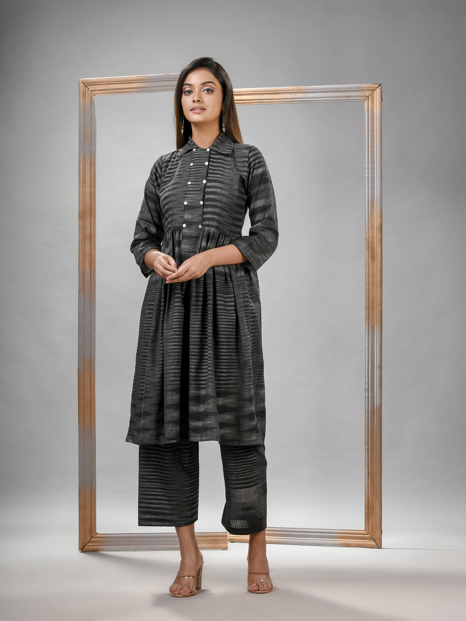 Black Cotton Bengal Handwoven Kurta Set