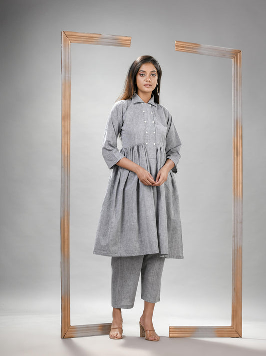 Silver Cotton Bengal Handwoven Kurta Set