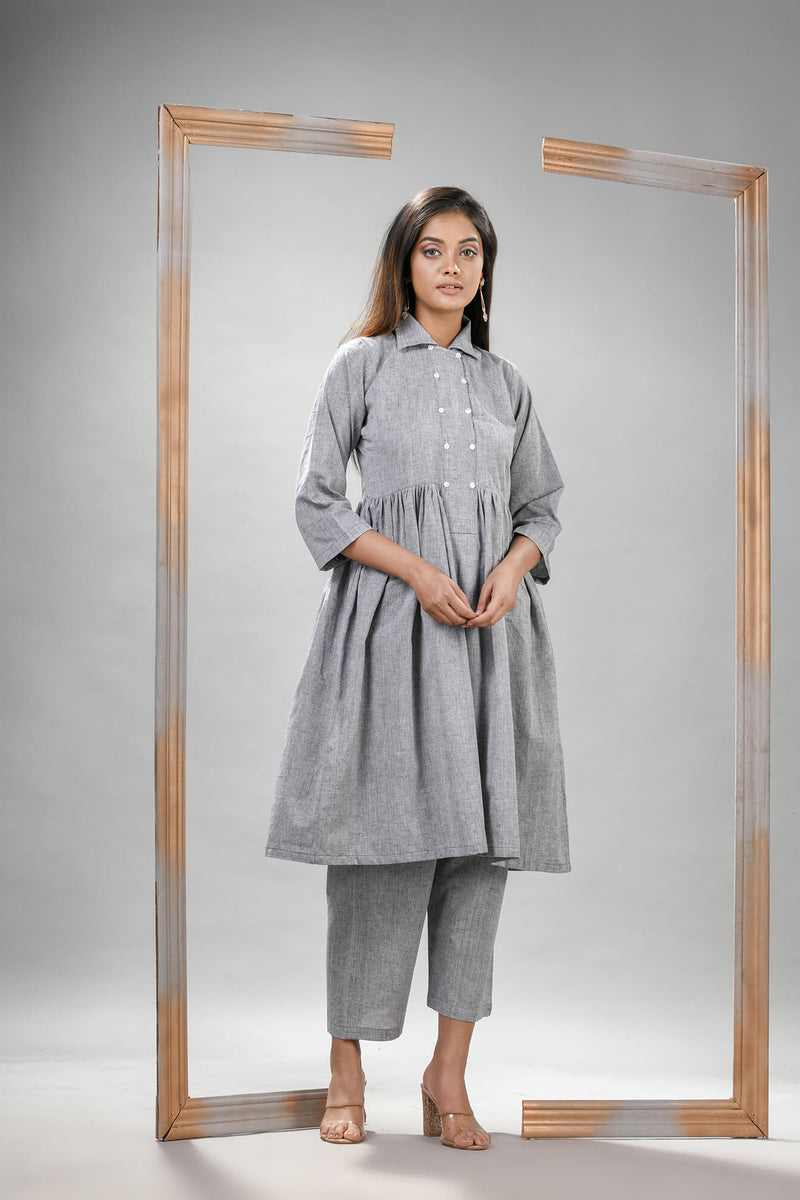 Silver Cotton Bengal Handwoven Kurta Set