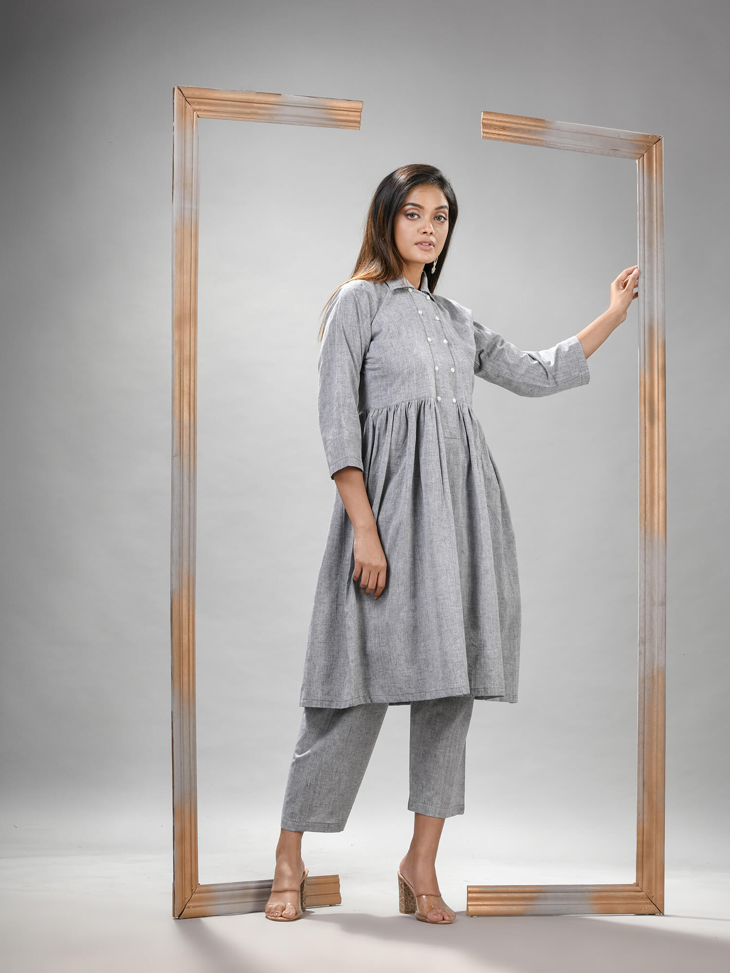 Silver Cotton Bengal Handwoven Kurta Set