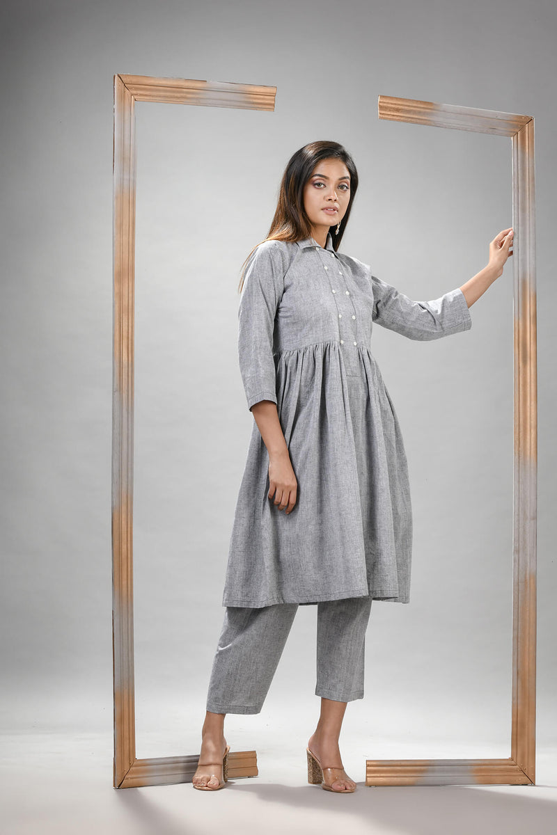 Silver Cotton Bengal Handwoven Kurta Set