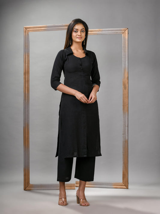 Black Cotton Bengal Handwoven Kurta Set