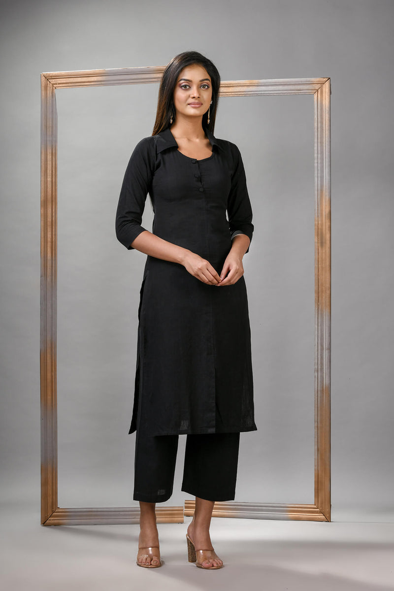 Black Cotton Bengal Handwoven Kurta Set