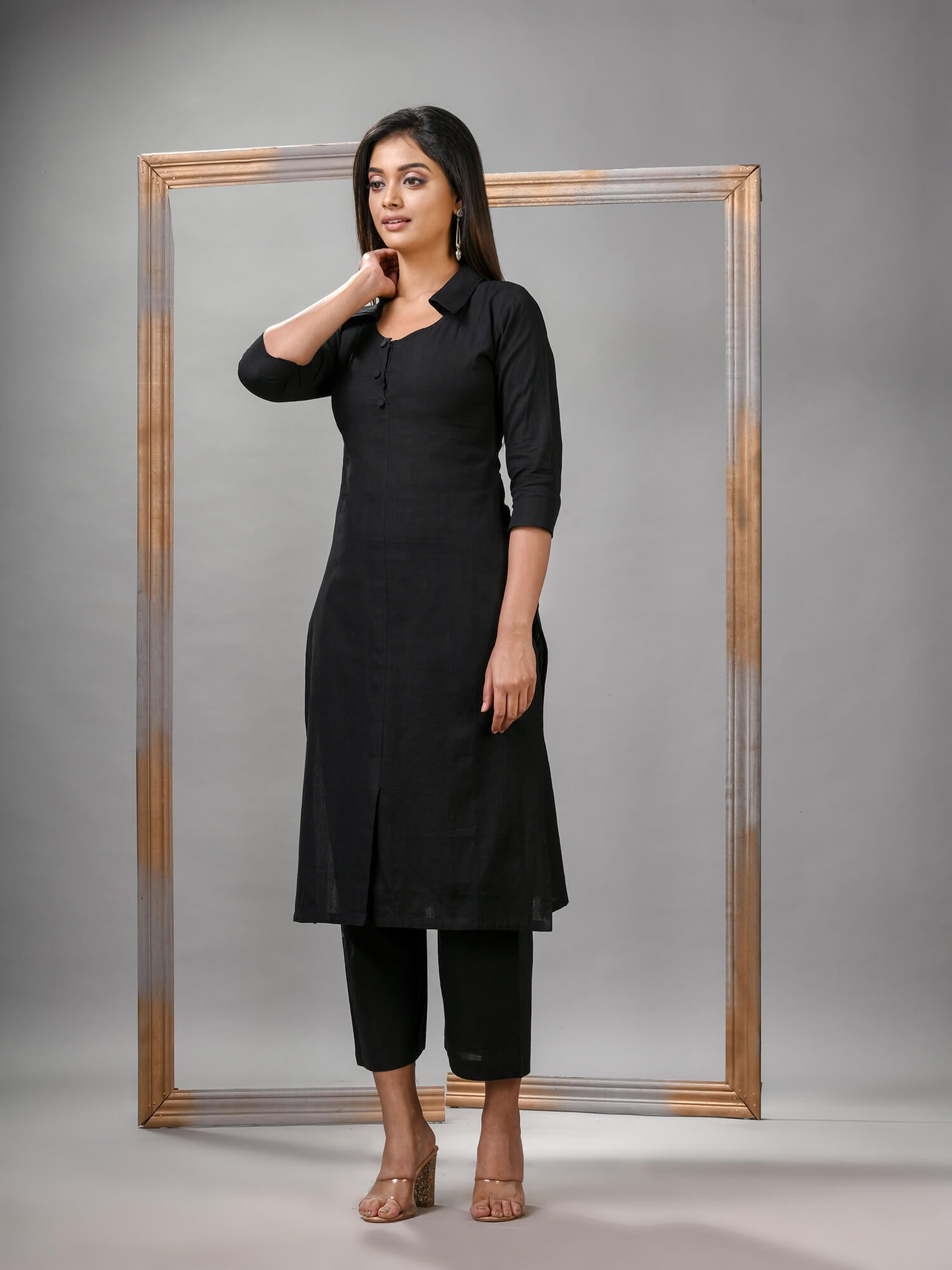 Black Cotton Bengal Handwoven Kurta Set