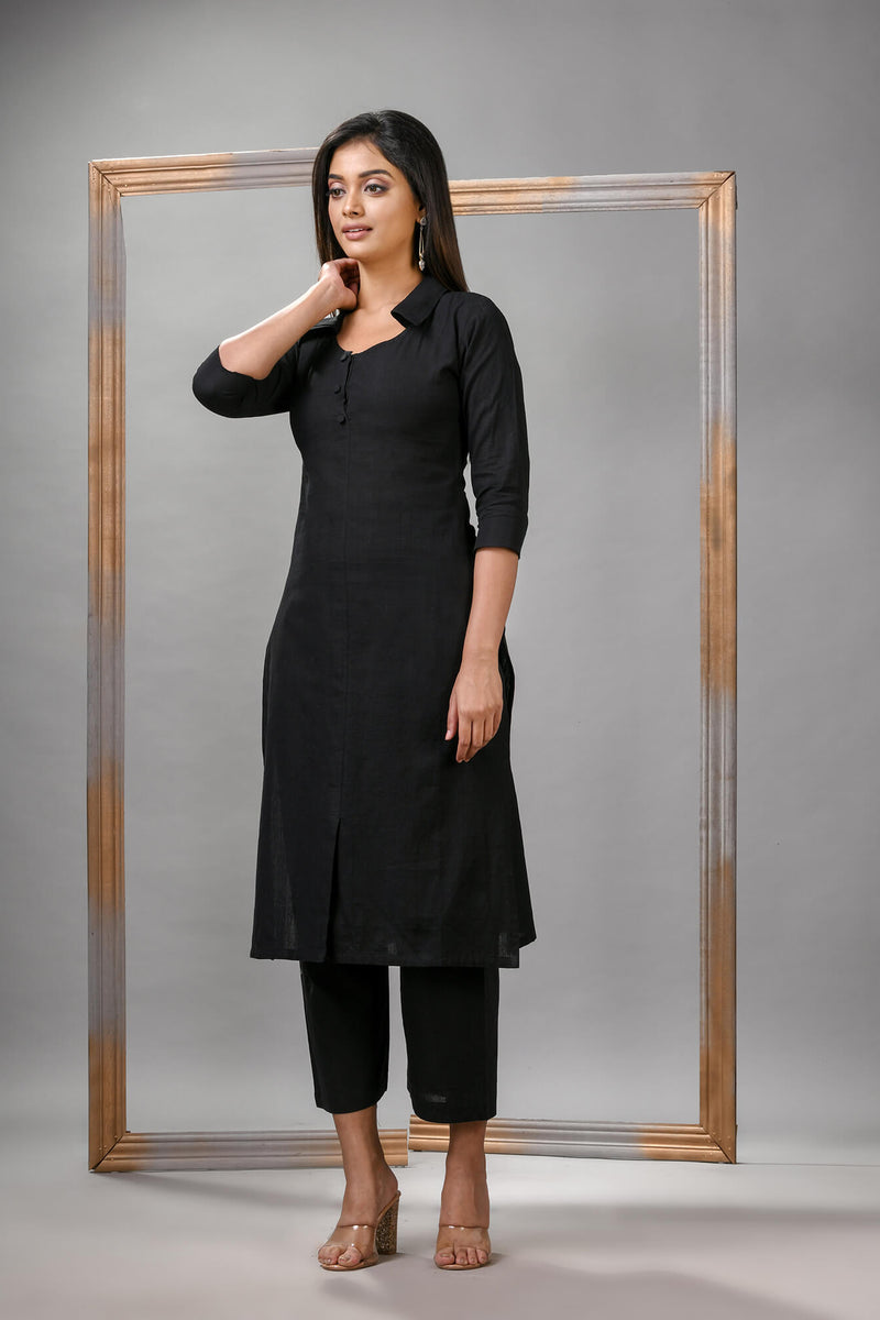Black Cotton Bengal Handwoven Kurta Set