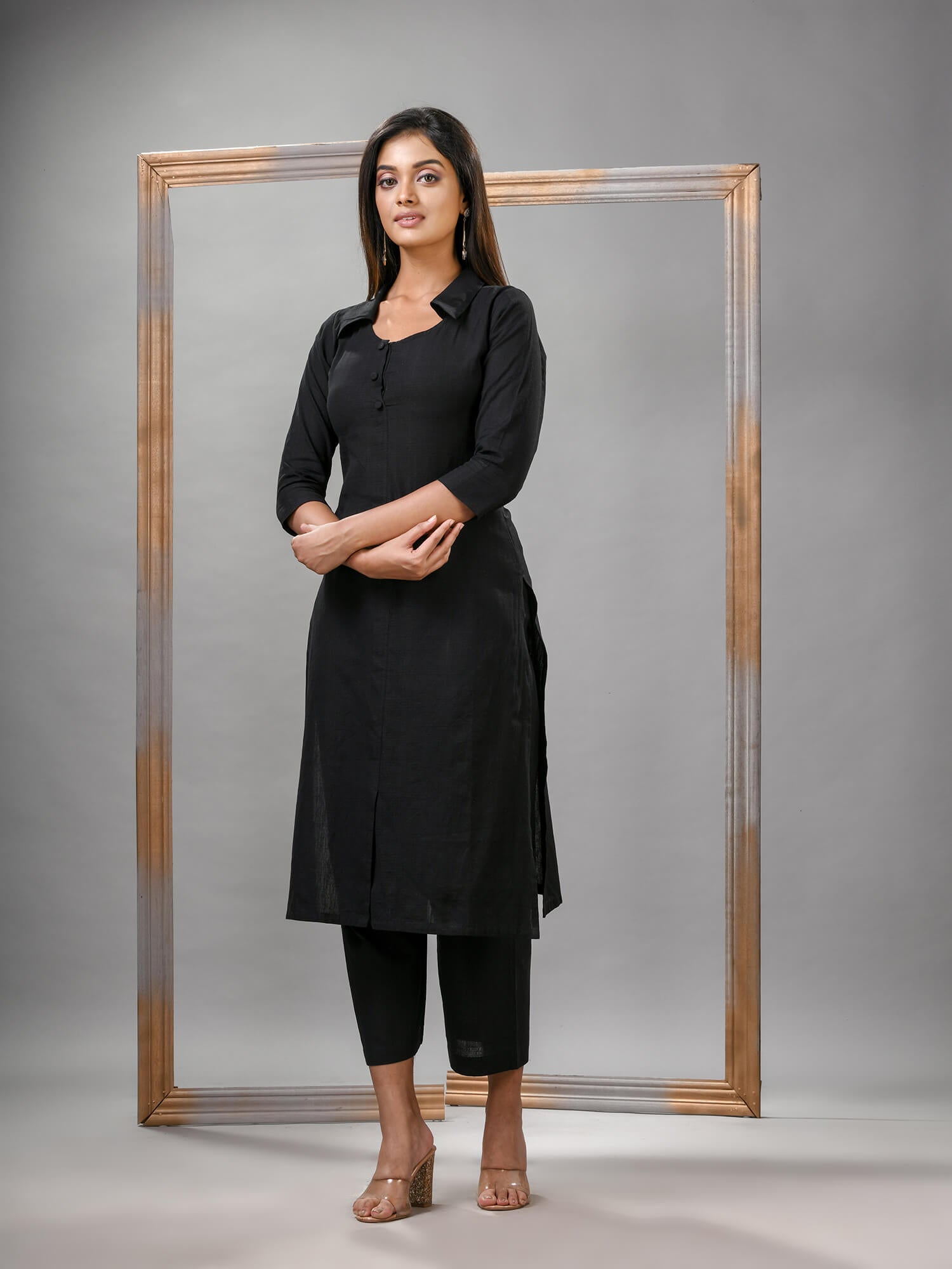 Black Cotton Bengal Handwoven Kurta Set