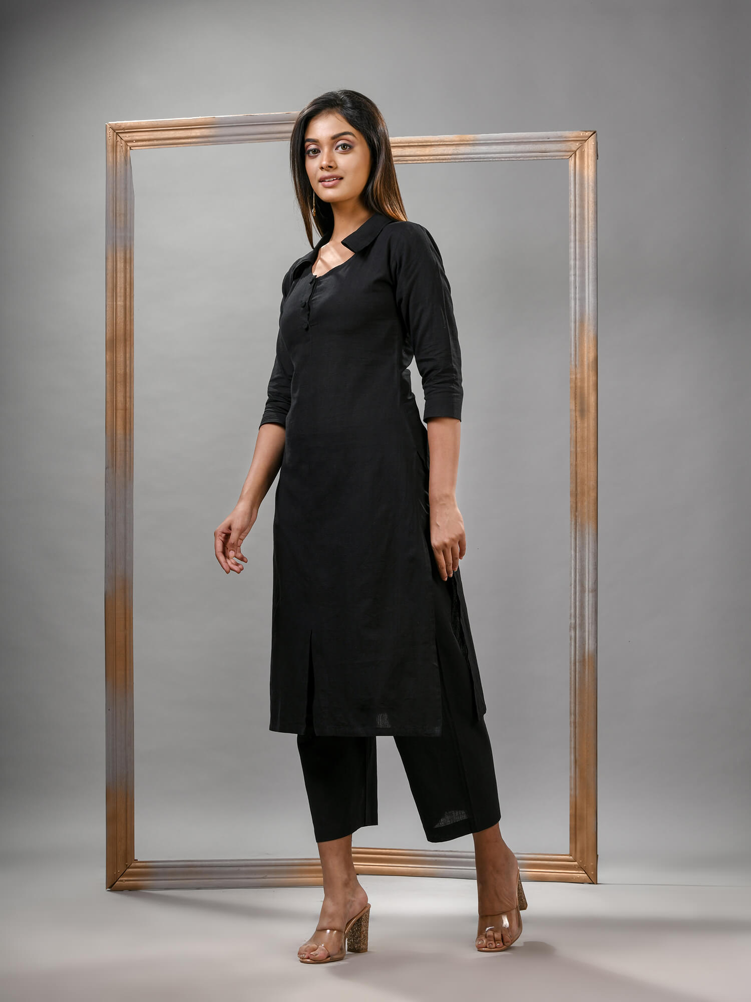Black Cotton Bengal Handwoven Kurta Set
