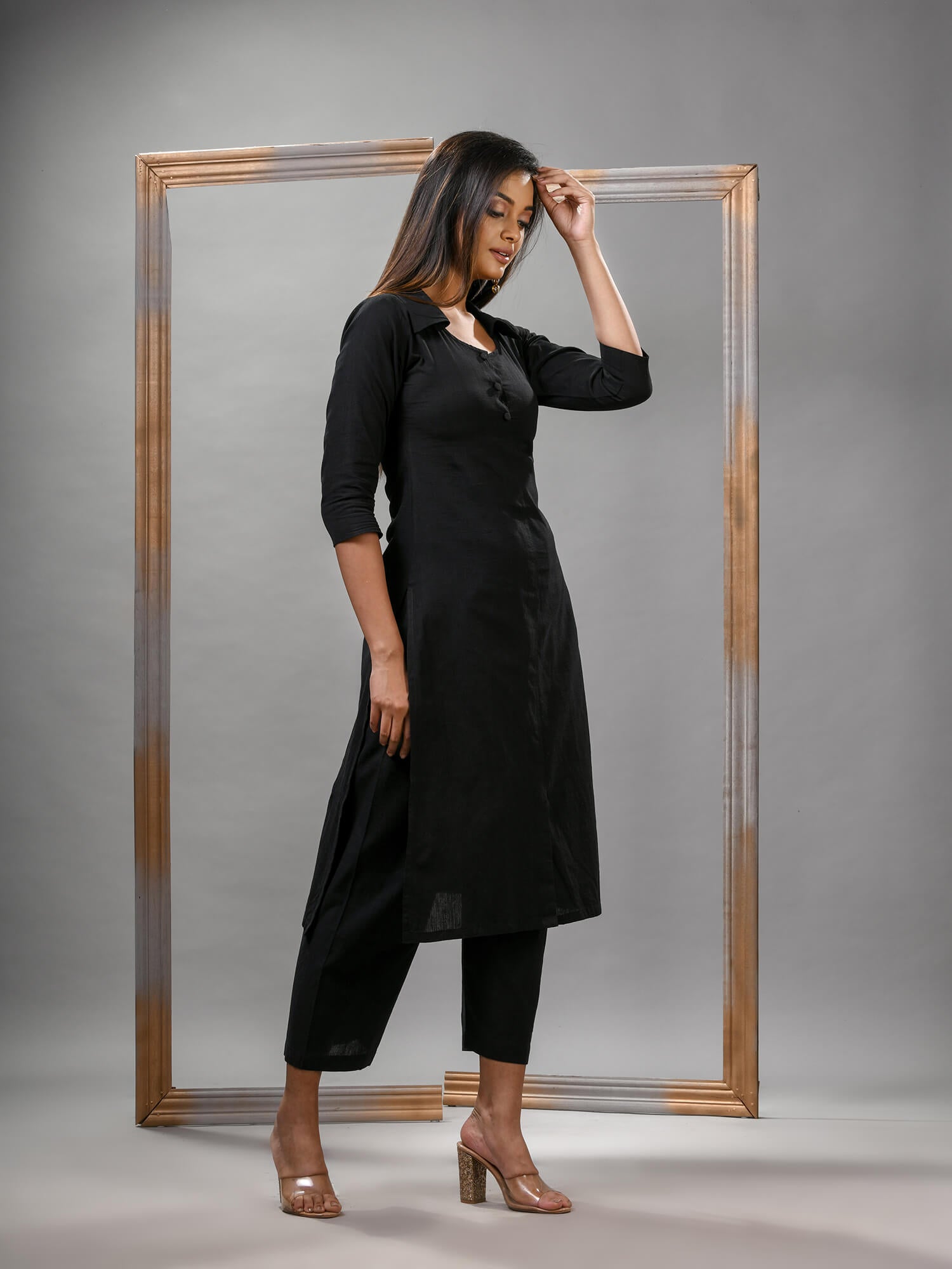 Black Cotton Bengal Handwoven Kurta Set