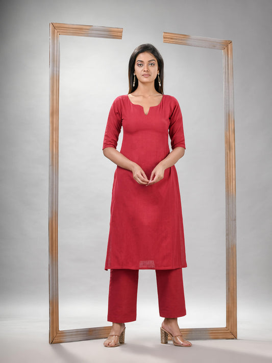 Red Cotton Bengal Handwoven Kurta Set