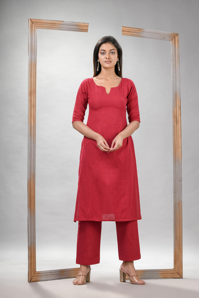 Red Cotton Bengal Handwoven Kurta Set