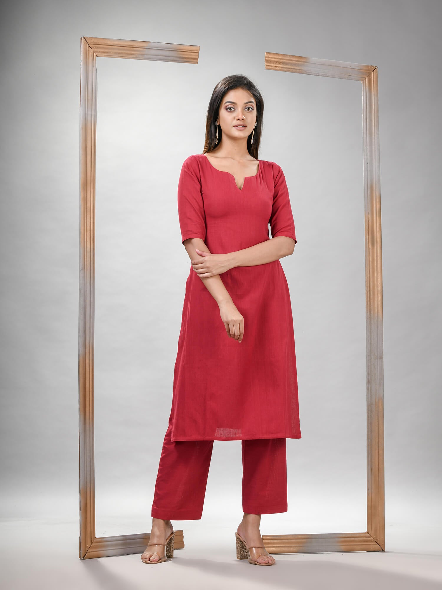 Red Cotton Bengal Handwoven Kurta Set
