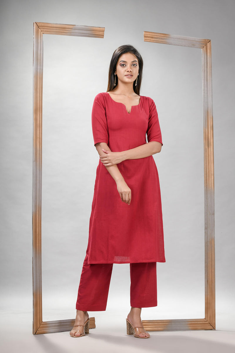 Red Cotton Bengal Handwoven Kurta Set