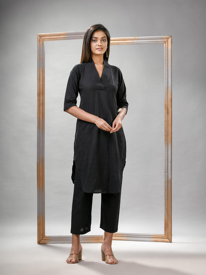 Black Cotton Bengal Handwoven Kurta Set