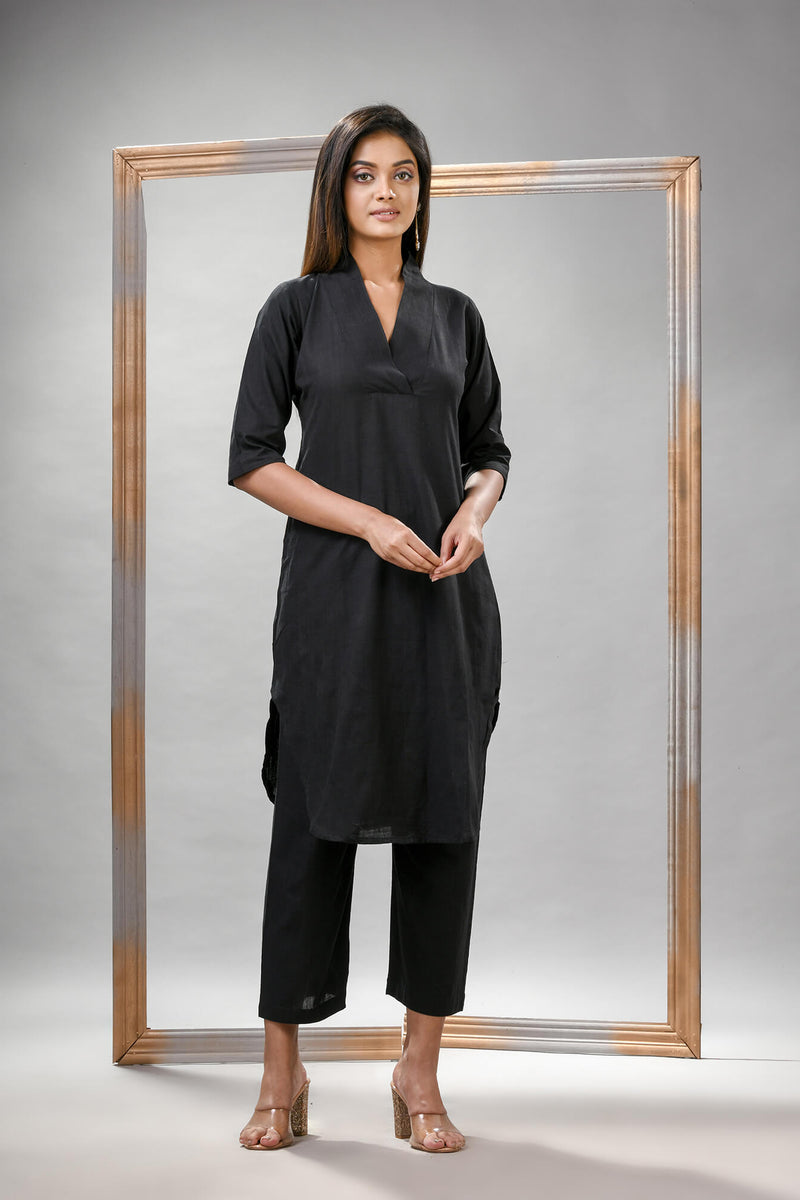 Black Cotton Bengal Handwoven Kurta Set