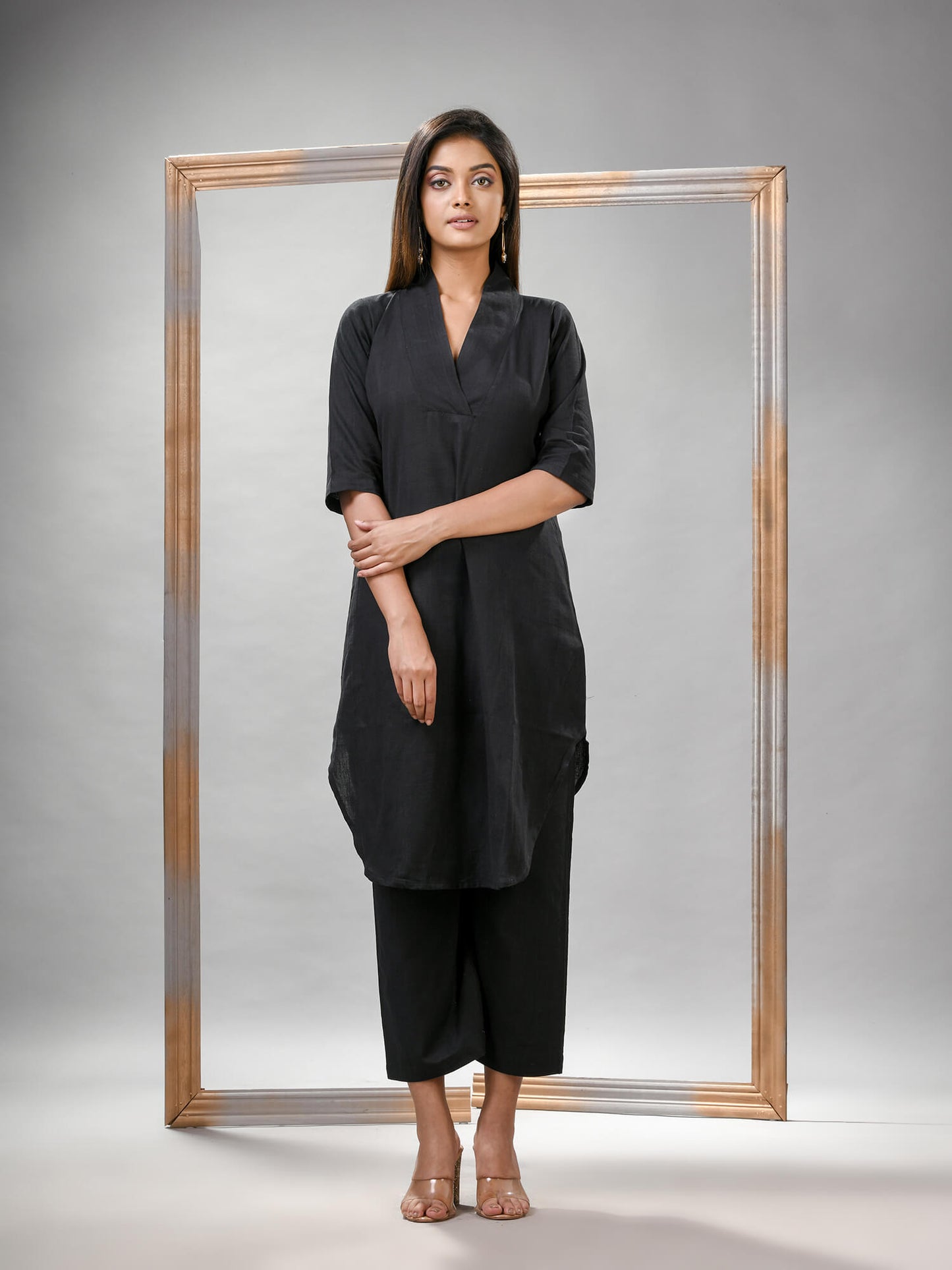 Black Cotton Bengal Handwoven Kurta Set