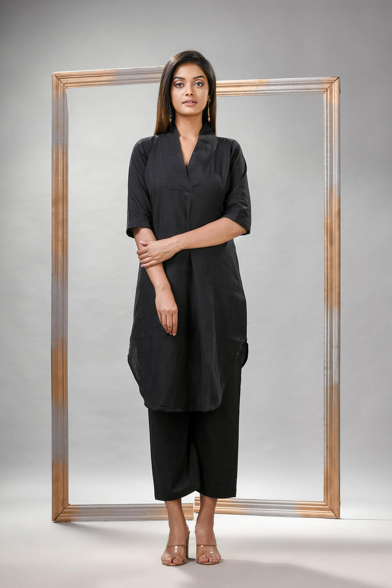 Black Cotton Bengal Handwoven Kurta Set