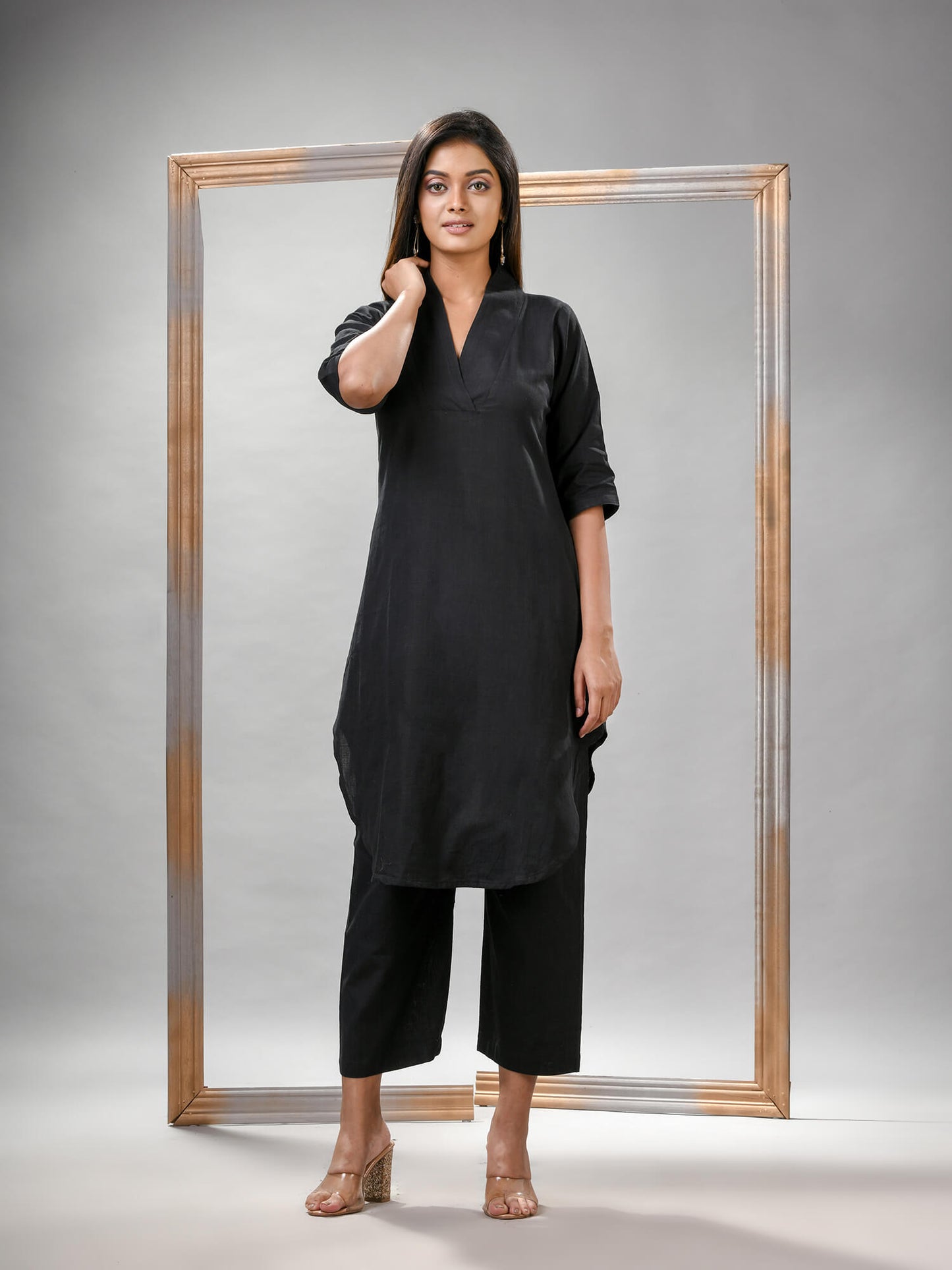 Black Cotton Bengal Handwoven Kurta Set