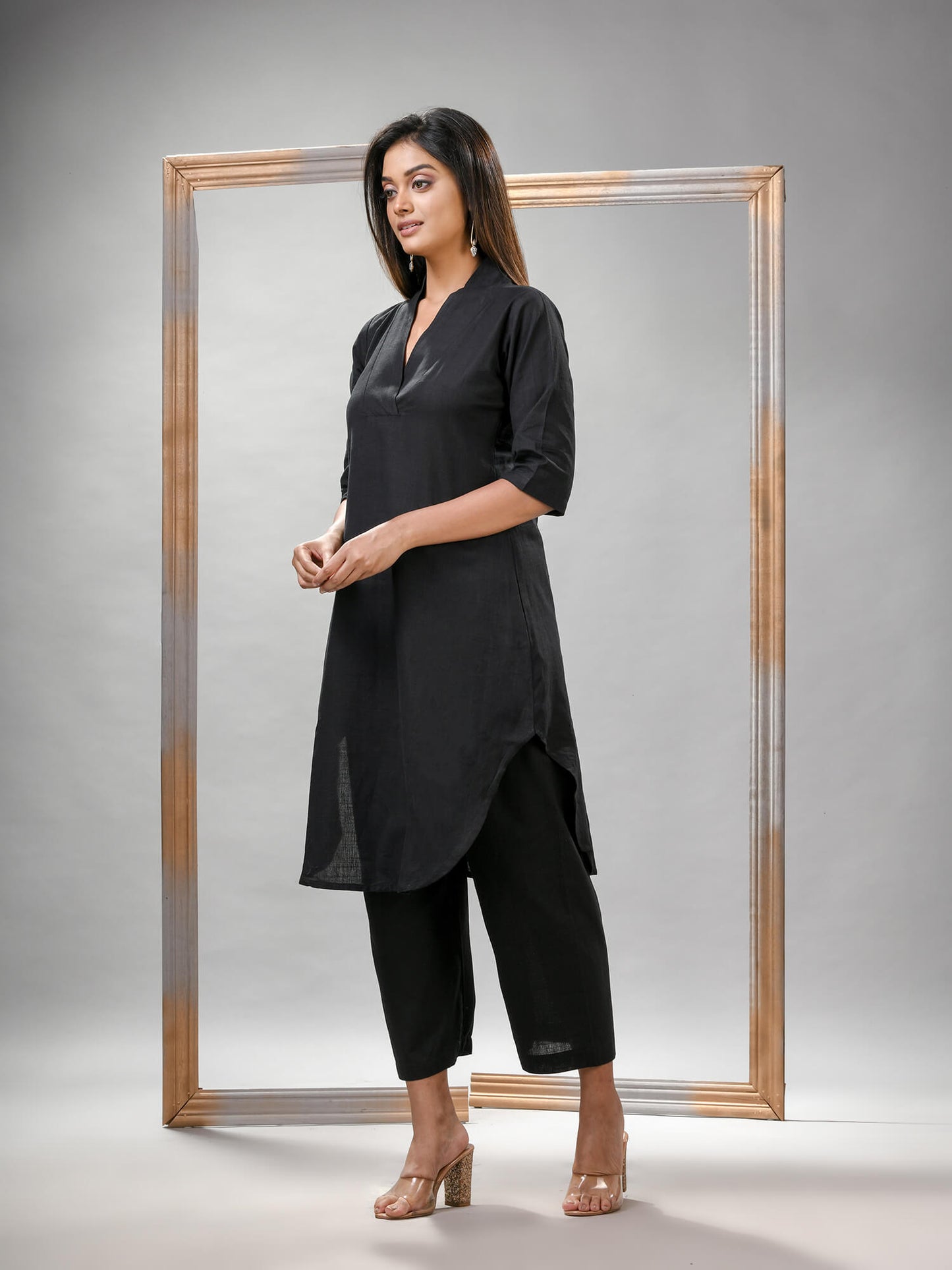 Black Cotton Bengal Handwoven Kurta Set