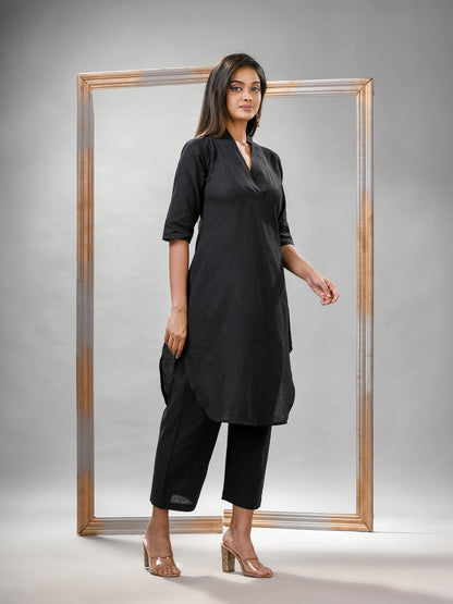 Black Cotton Bengal Handwoven Kurta Set