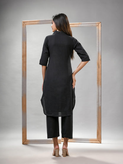 Black Cotton Bengal Handwoven Kurta Set